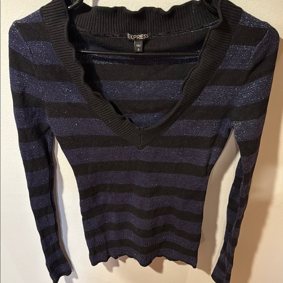 Express Women’s Sparkle Striped Black and Blue V-Neck Sweater - Picture 3 of 5